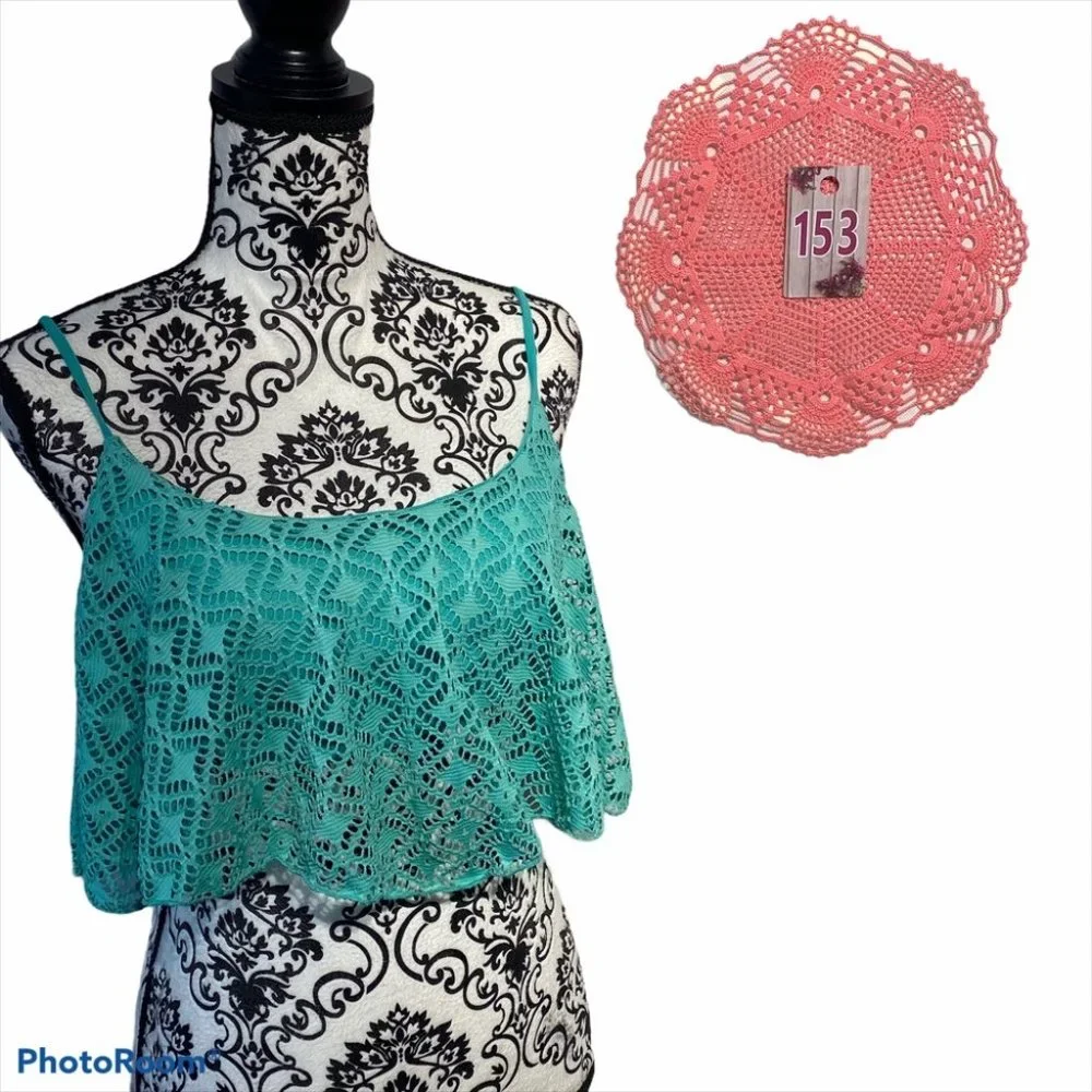 La Hearts Lace Crop Top Teal/Green - Picture 1 of 6